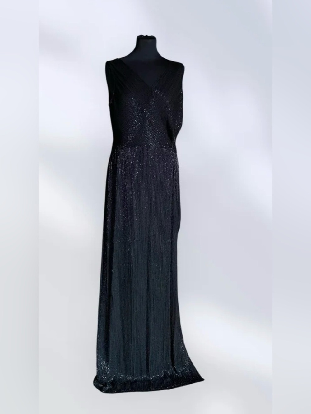 DVF Hand Beaded Paillettes V-Neck Sleeveless Black Tie Gown, Sz 2